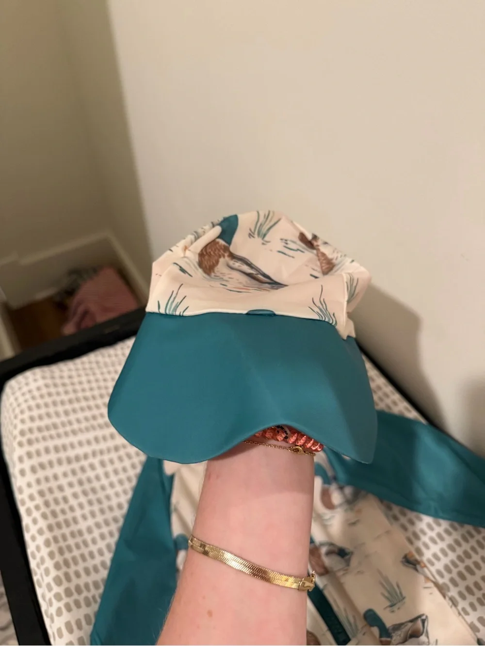 Duck-Print Teal & Cream Kids Rashguard Swimsuit with Sun Hat